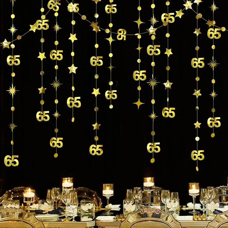 Gold 65th Birthday Decorations Number 65 Circle Dot Star Garland Metallic Hanging Streamer for 65th Anniversary Party Supplies