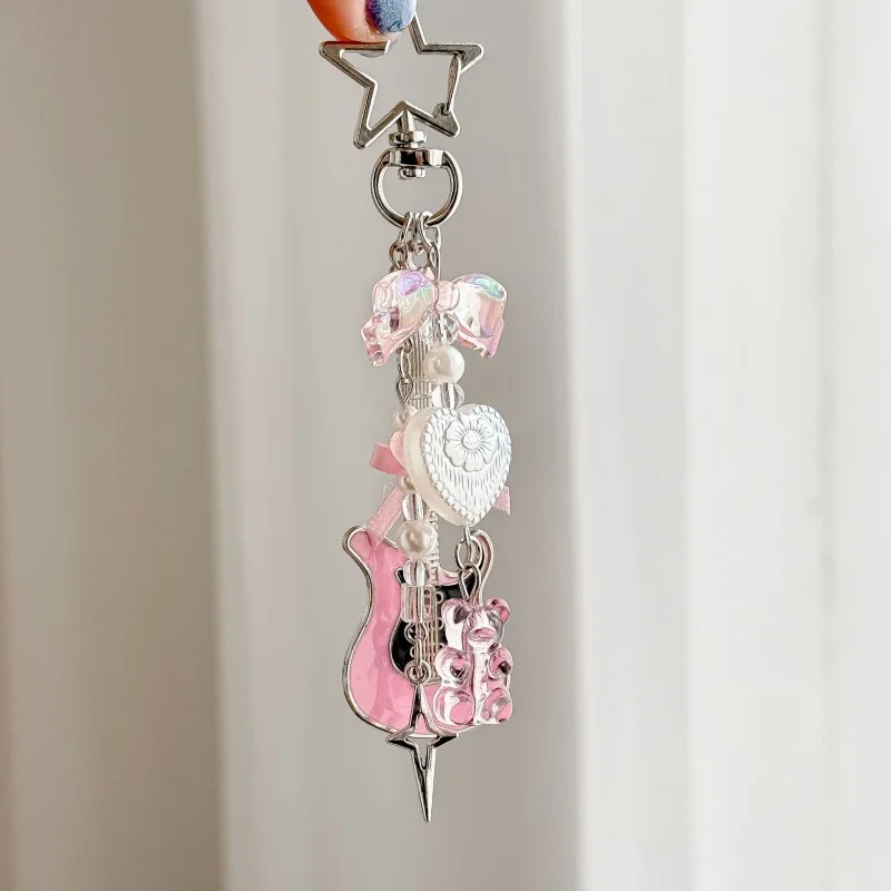 Y2K Phone Charms Pink Guitar Bear Bow Keychain Microphone Pendant Key Ring Bag Lanyard Cute Accessory for Girls Women Jewelry