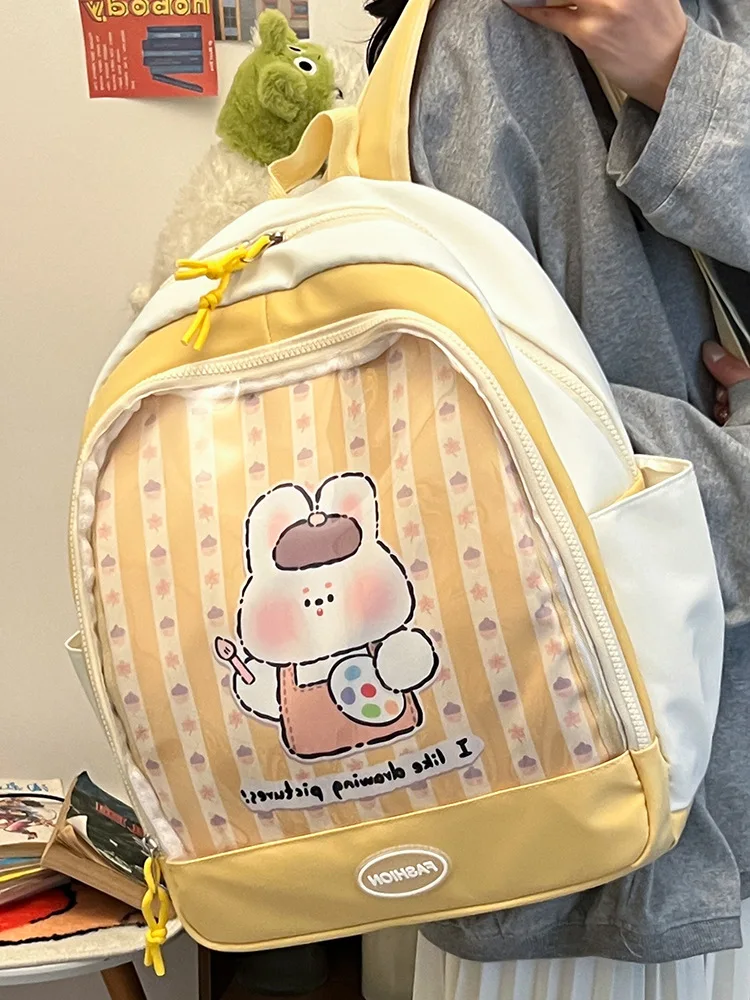 Mochila escolar grande para niña, bolsa Kawaii Ita con placa de inserción, rosa, dos bolsillos transparentes para exhibición de pines, novedad de 2024