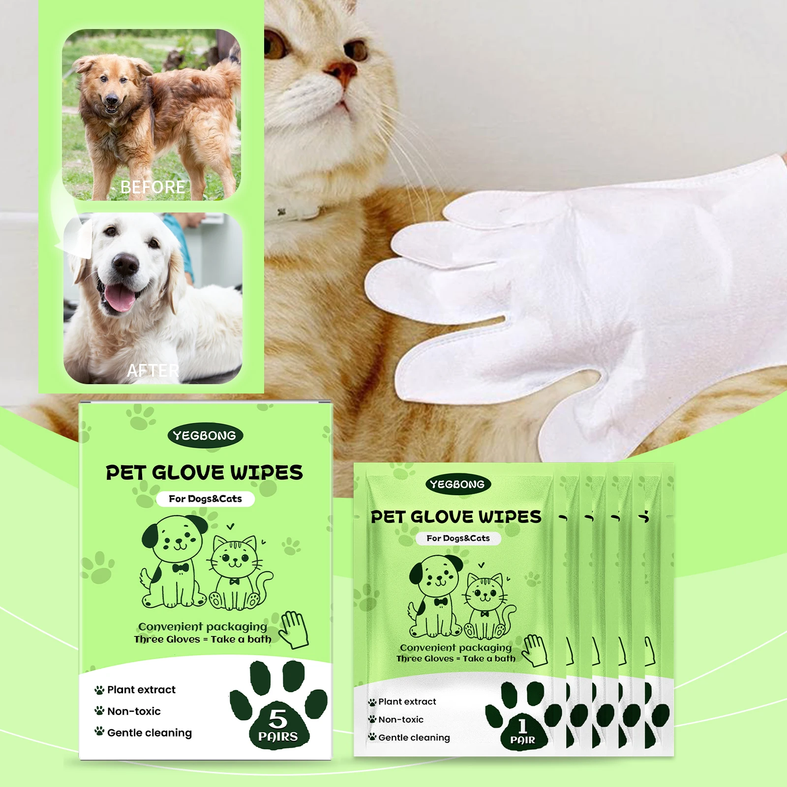 Pet Glove Wipes Disposable No-Rinse Grooming Quick Clean Pet Hair Deodorizing Soothing Skin Fresh Scent Dog Cat Cleaning Gloves