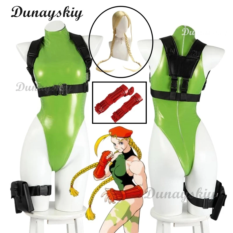 Cammy-Body blanco para Cosplay, juego de lucha, traje de cuero SF, Bikini, guante, sombrero, peluca con correa, medias, disfraces de Halloween, mono para mujer