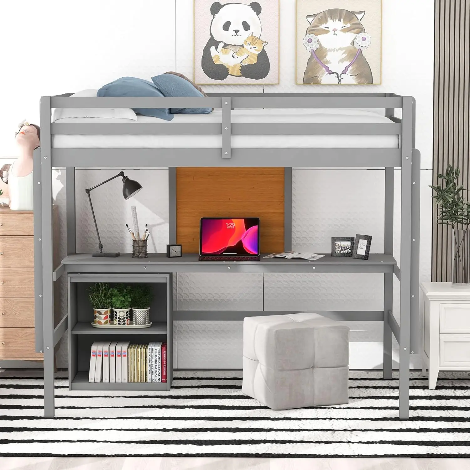 Size Loft Bed with Desk and Writing Board,Wooden LoftBed Frame with Desk & 2 Drawers Cabinet,for Kids,Boys,Girls,Teens,Gray