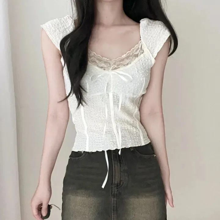 

Летний женский шифоновый топ с v-образным вырезом, кружевная футболка с узлом и галстуком, корейская футболка с текстурой, универсальная