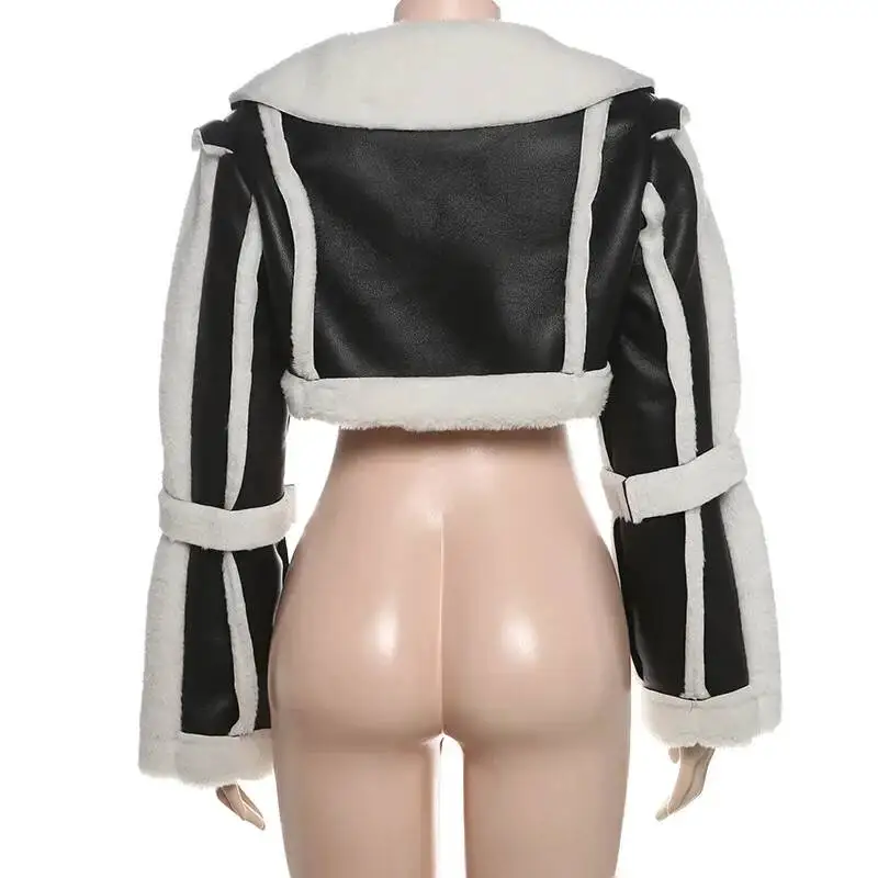 Chaquetas de Cuero PU con Parches de Piel de Cordero para Mujer, Cuello Camisero, Manga Larga, Estilo Informal, Abrigo Cálido