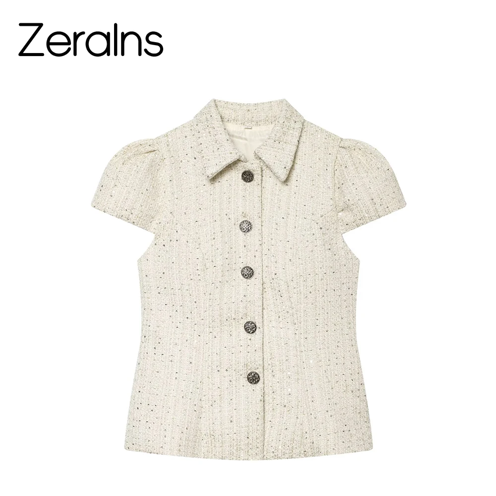 ZERAINS Summer new women's clothing retro temperament slim fit lapel short sleeved sequin decoration coarse spinning top