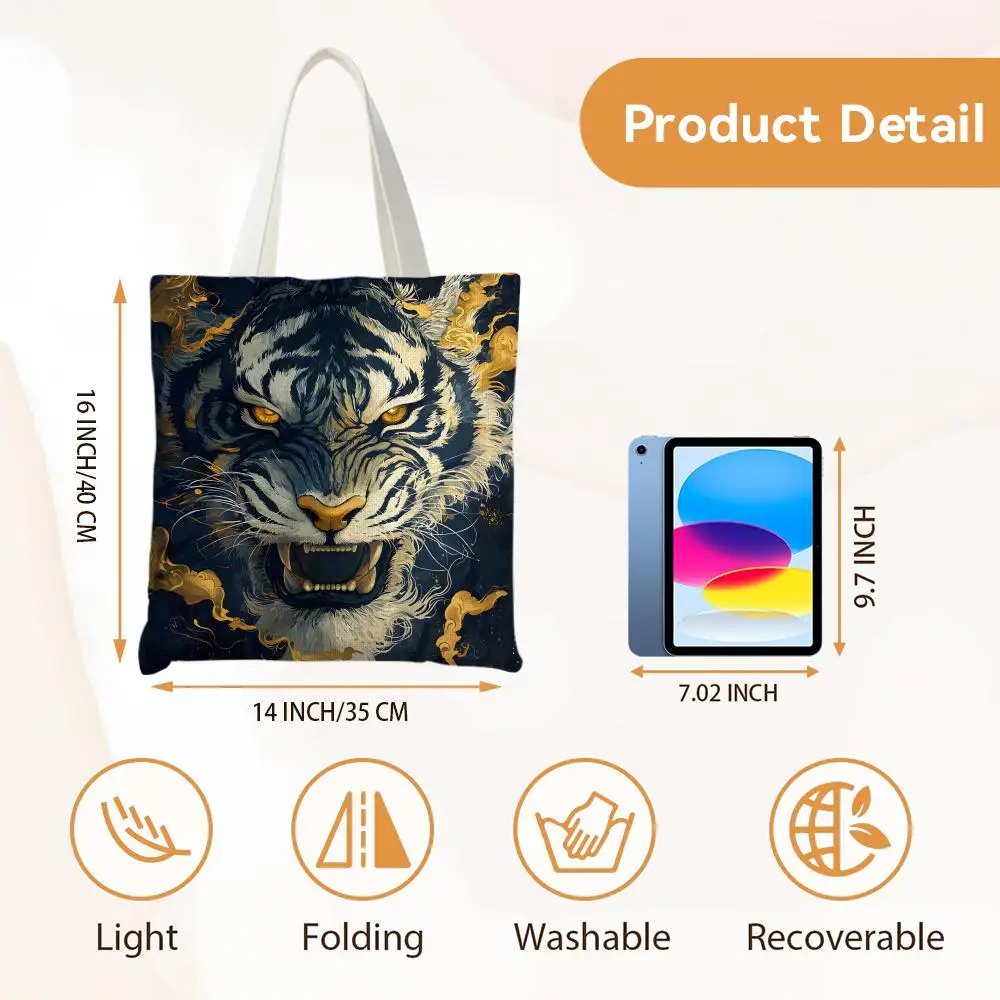 Tiger Golden Mist Storage Bags Canvas Tote Bag Large Capacity Double-Sided Print Reusable Shopping Bag Eco-Friendly Shoulder Bag 5