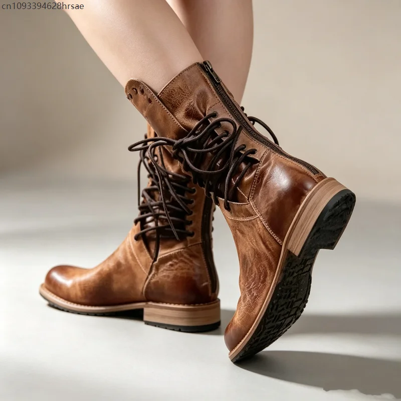 Women's Retro Brown Boots Low Block Heele Mid-calf Motorcycle Riding Footwear Pu Leather Medieval Cosplay Black Shoes Size 34-44