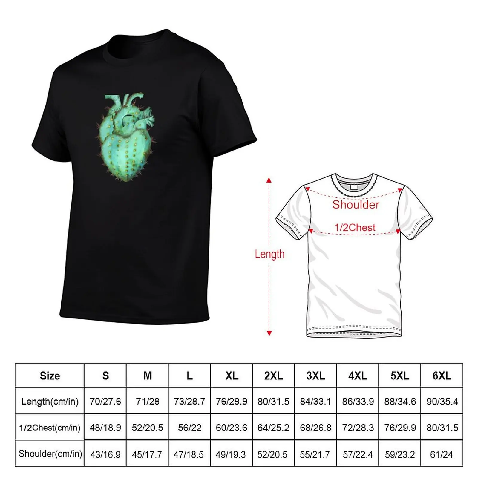 Human heart shaped cactus succulent plant with pink flower watercolor technique T-Shirt Vintage Print Crew Neck Tee