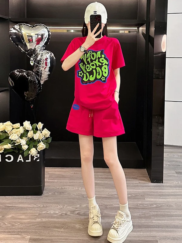 

Fashionable Streetwear Sportswear Set Women's Short Sleeve T-shirt Shorts Two-piece Set Youthful Pink Casual Sportswear