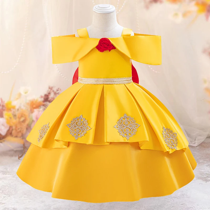 Snow White Princess Dress Girl Cosplay Party Dresses Girls 1st Birthday Yellow Prom Gown Kids Evening Daily Holiday Pleated Wear