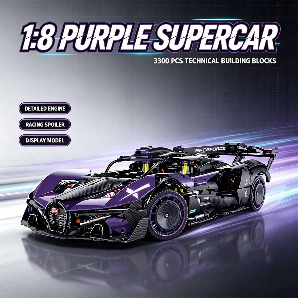 idea Hot sell Technical 1:8 Bugt-t Purple Supercar Building Blocks Toy Model Kit MOC ,Racing Spoiler,Adult DIY Gift 3300Pcs