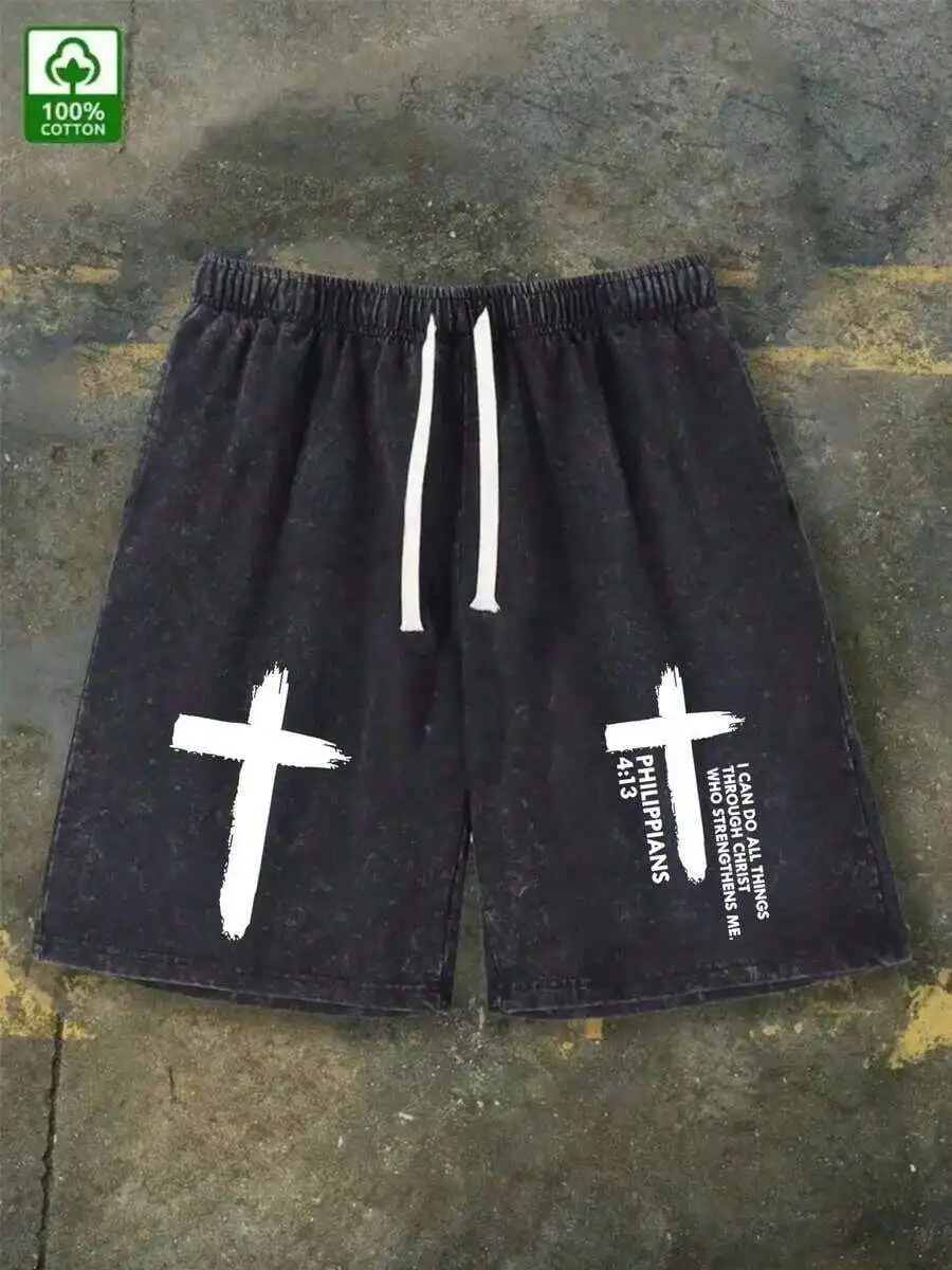 

Mens 100% Cotton Washed Denim Shorts With Cross Print And Philippians Verse Elastic Waist Drawstring Loose Fit