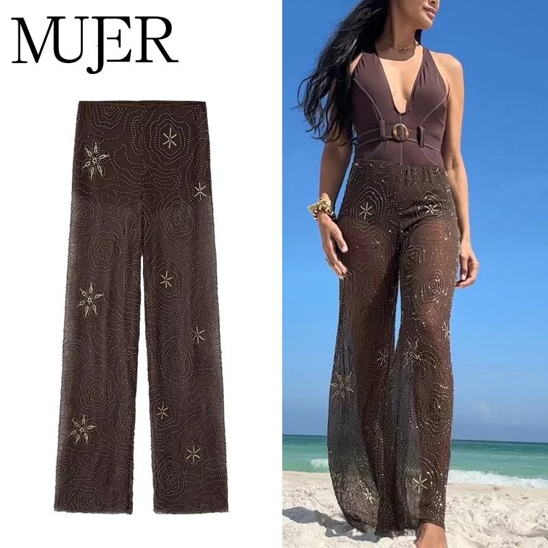 MUJER Sequin Baggy Pants Woman Beads Wide Leg Pants for Women See Through Casual Pants Women Streetwear Fashion Trousers Womens