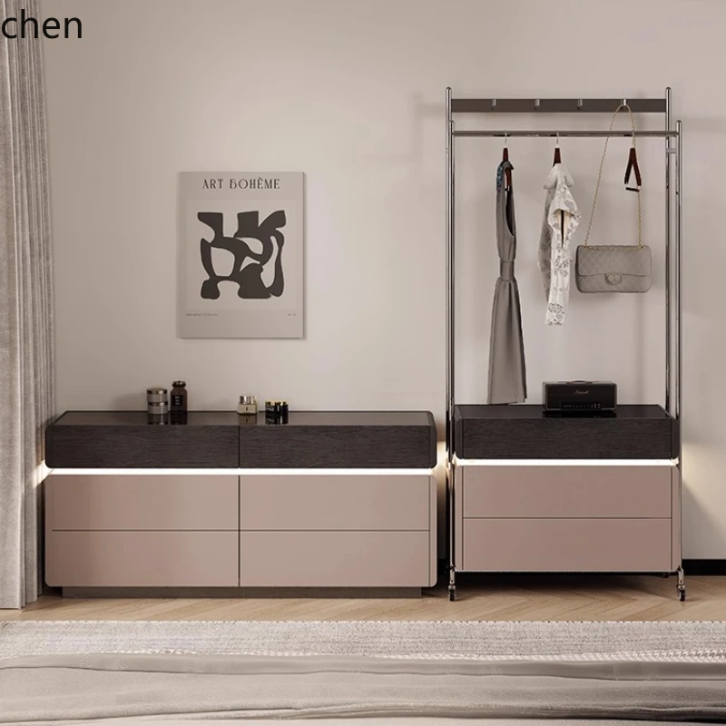 

HXL Solid Wood Movable Coat Rack and Chest of Drawers Integrated Bedside Bedroom Stainless Steel Clothes Rack