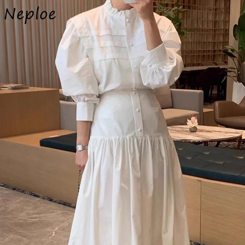 Neploe Elegant Stand Collar Pleated Long Sleeve Shirts Women+ Y2k High Waist Loose Skirts 2024 Spring New Two Piece Sets