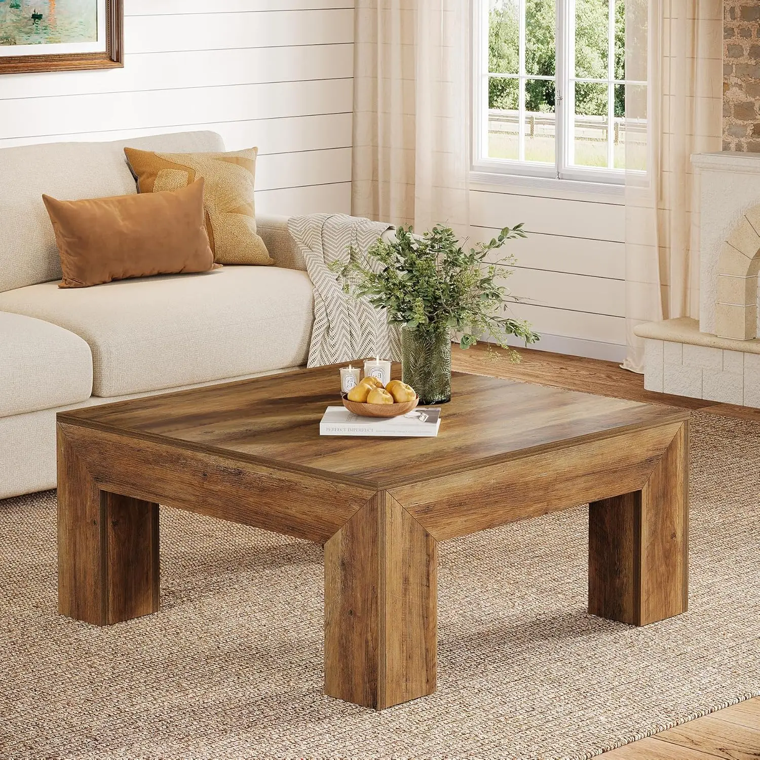 

Farmhouse Square Coffee Table 39.37in Low Center Tea Accent Sturdy Legs Easy Assembly Rustic Brown, Customized