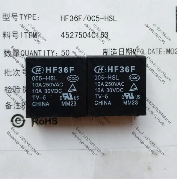 

NEW relay HF36F 005HSL JZC36F 005HSL 10A 250VAC 5VDC DC5V 5V 4PIN