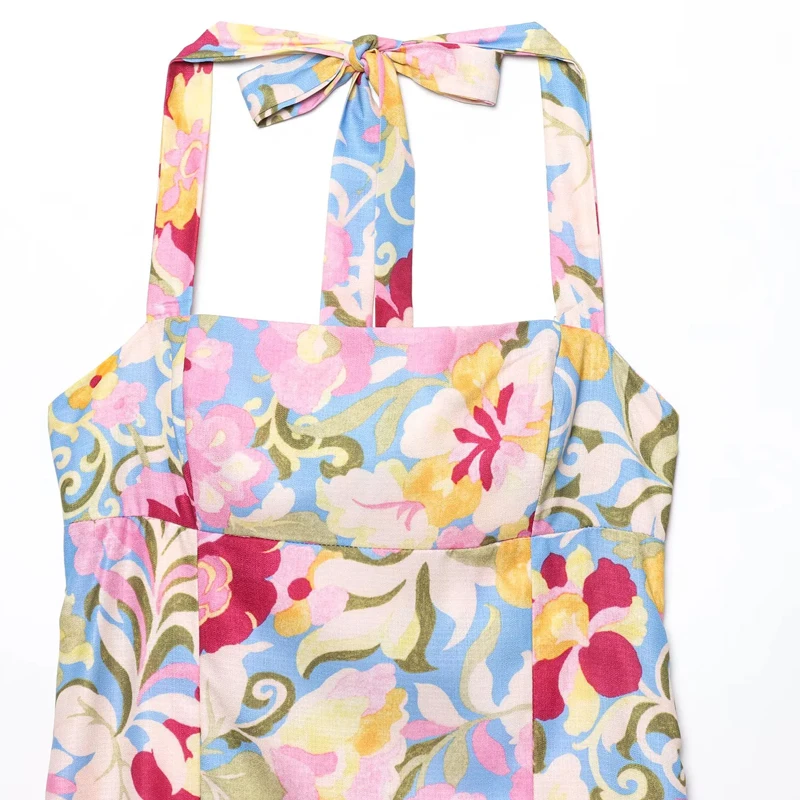 HXAO Print Gebloemde Jurk Vrouw Zomer Halter Strand Lange Jurken Corset Backless Sexy Nieuw In Jurken Mouwloze Slip Midi Jurk