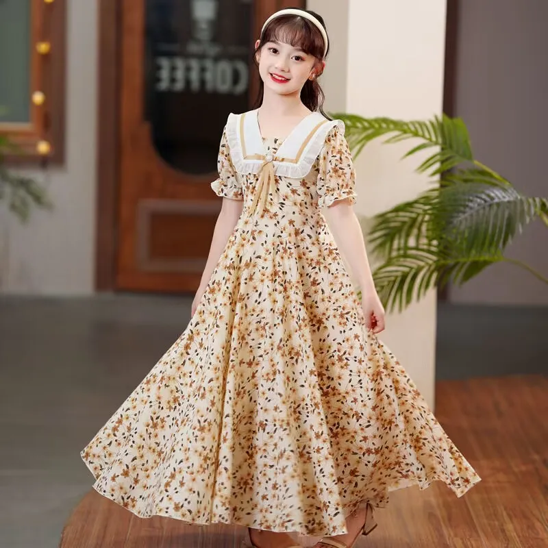 2024 Summer Girls Elegant New Children Casual Princess Teenager chiffon floral pearl green dress 5 6 7 8 to 9 10 11 12 13 year