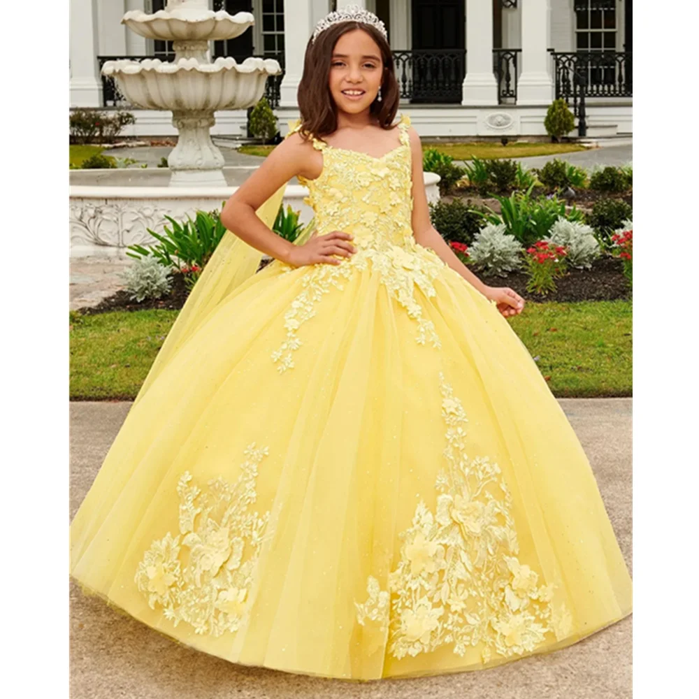 Robe de demoiselle d'honneur en tulle de luxe jaune, appliques de mariage, robe de Rhde première communion, princesse gonflée et brillante, fête d'anniversaire