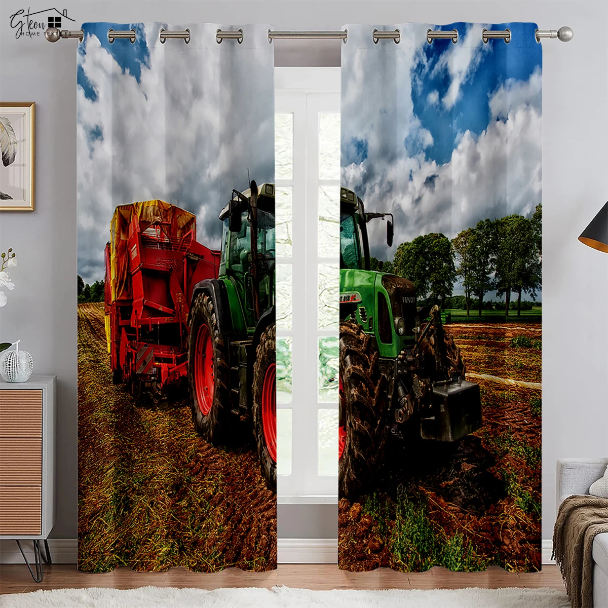 Tractor Farm 3D Printed Curtains Industrial Style Polyester Fiber Curtains Living Room Bedroom Kitchen Decorative Curtains 2PCS