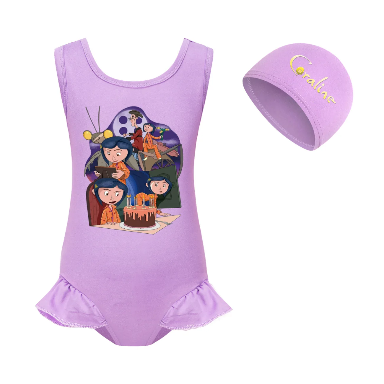 Coraline Swimwear Kids One Piece Beach Wear Child Baby Cute Backless Swimming Toddler Girls Cartoon Swimsuit+cap 2pcs Sets3060 image 2