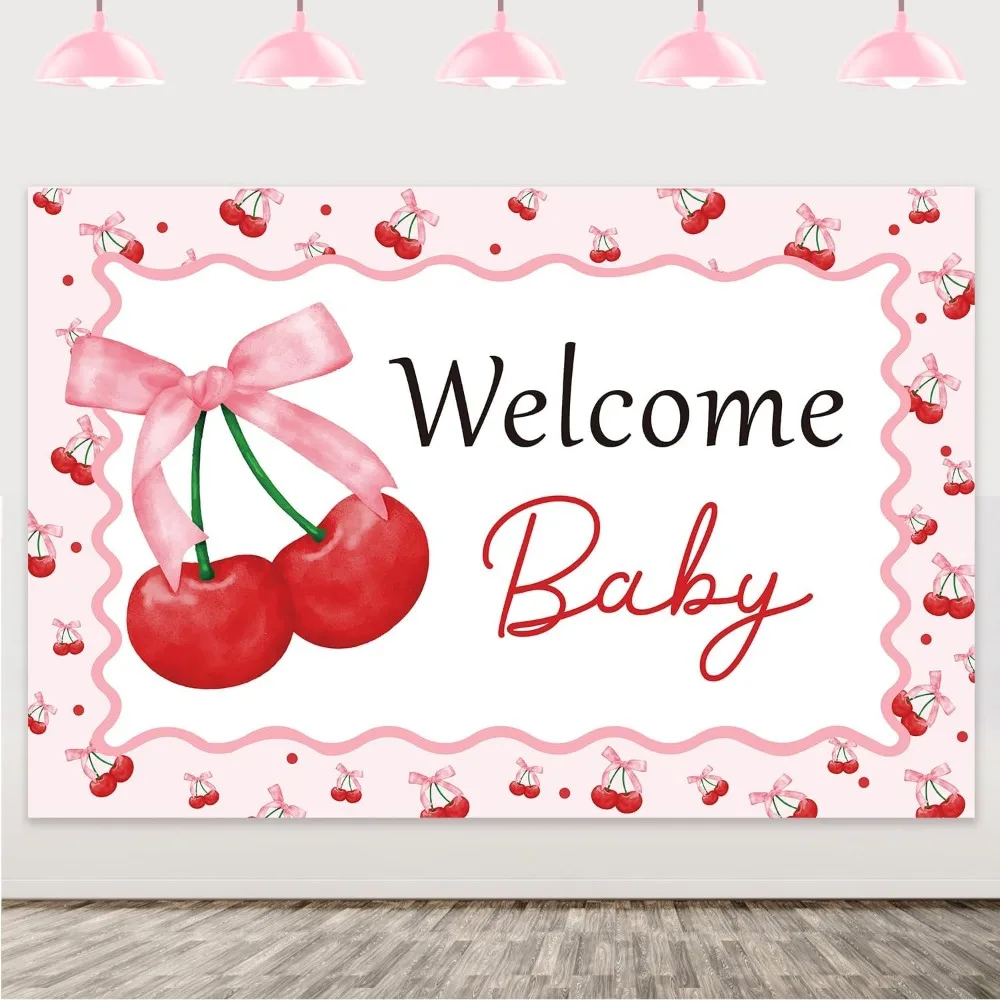 

Cherry Baby Shower Backdrop Coquette Cherry Welcome Baby Backdrop Cherry for Girl Baby Shower Gender Reveal Party Supplies 5x3ft