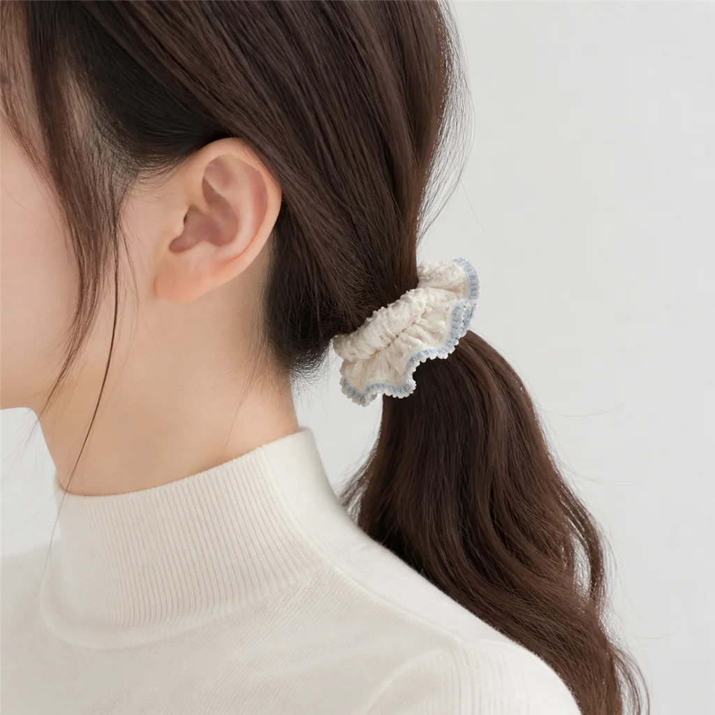 Spring Letter Blue Gingham Ruffle Single-Layer Scrunchie Handmade Elastic Hair Tie for Ponytail and Bun