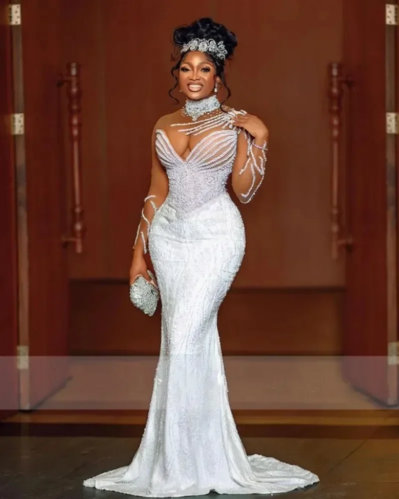 

Customized Modest High Collar Shinny Beads Sequins Mermaid Wedding Dresses South African Removable Train Bridal Gowns