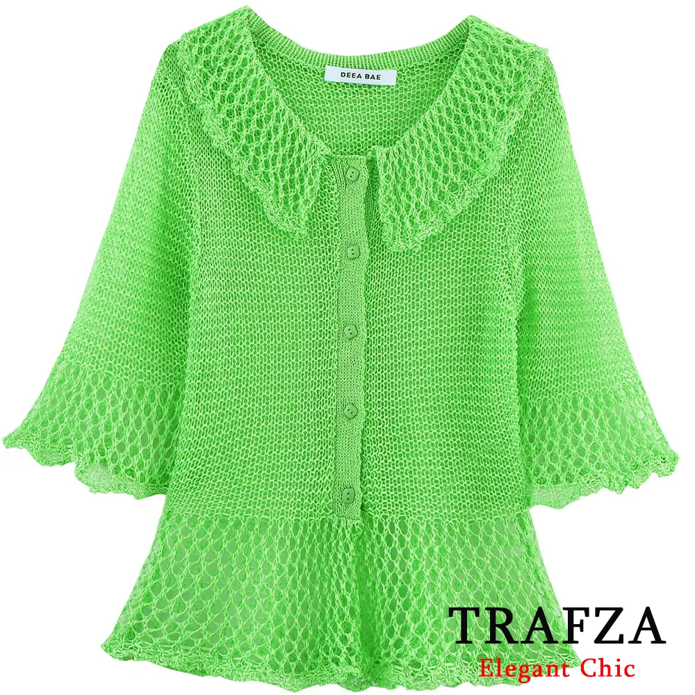 

TRAFZA High Street Hollow Shirt Women's Lapel Buttons Petal Cuff Shirts 2025 Summer Fashion Romantic Holidays Beach Cardigan