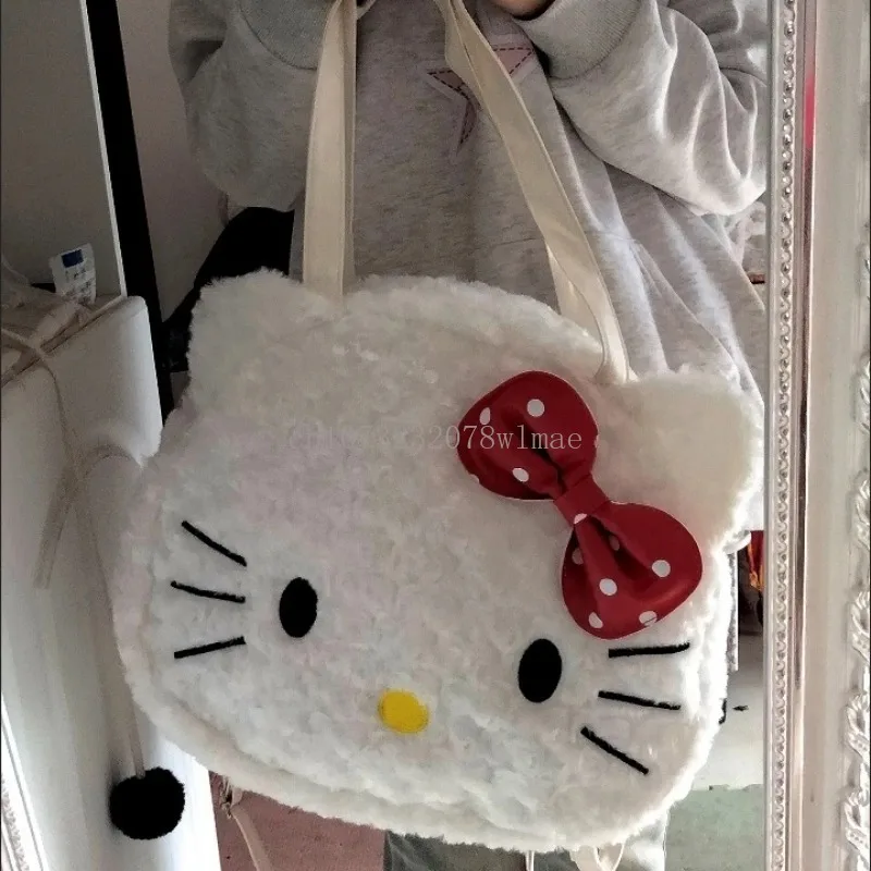 Bolso de mano de felpa de Hello Kitty Kawaii, bolso de hombro esponjoso de dibujos animados para niñas, bolso de compras de gran capacidad para Otoño e Invierno para mujeres