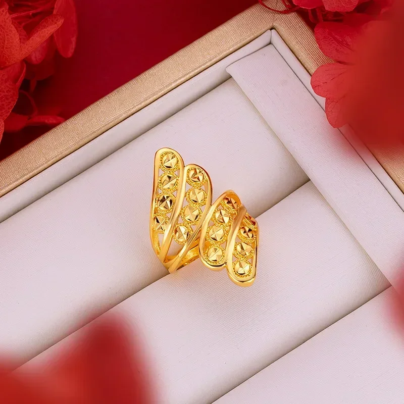 

9999 Real Gold 24K Hollow Exaggerated Women's Flower Big Ring Gold Women's Fashion Personality Index Finger Live Ring