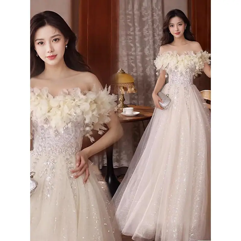 Petal Shoulder Style Wedding Dress Champagne Sparkle Princess Bridal Engagement Birthday Dress Adult Ceremony Dress Customized