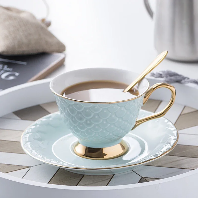 Teacup and Saucer Set with Spoon, Fine China Tea Party Gift Fish Scale Ceramic Cup and Saucer Set, Coffee Cup, Pink, Blue, Green