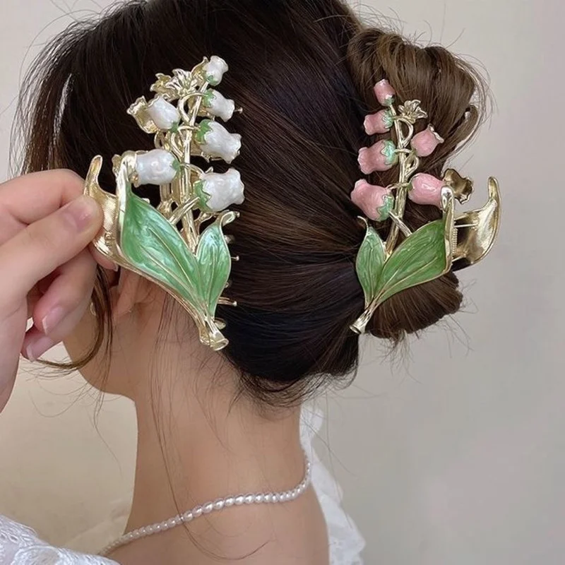 Vintage Lily of The Valley Metal Grab Clip Women's Hair Claw Elegant Lily Sweet Ponytail Claw Decor Shark Clip Hair Accessories