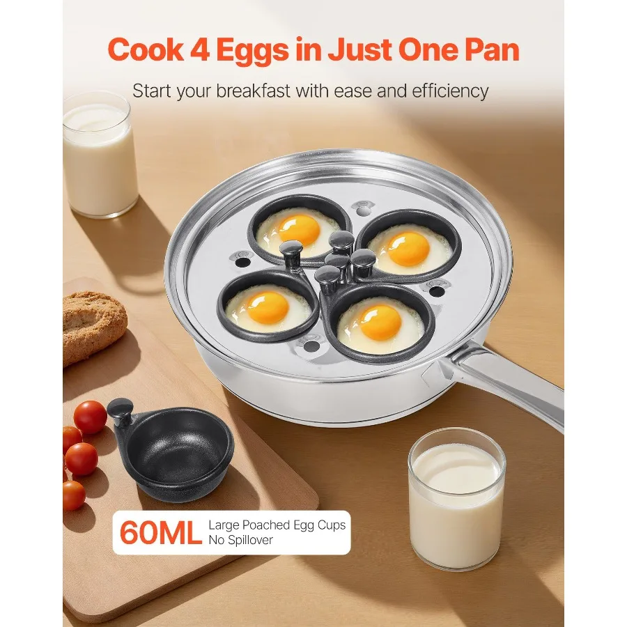 

Egg Poacher Pan, 4-Cup Poached Egg Maker, Stainless Steel Poaching Pan and Frying Skillet, with 4 Nonsitck Detachable Large