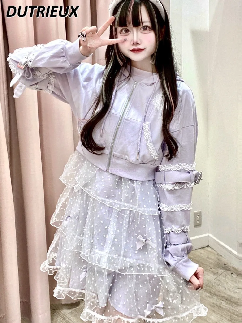 Japanese Original Sweet Cool Lace Laminated Decoration Long Sleeve Zipper Coat Cute Girls Hooded Short Cardigan Jacket