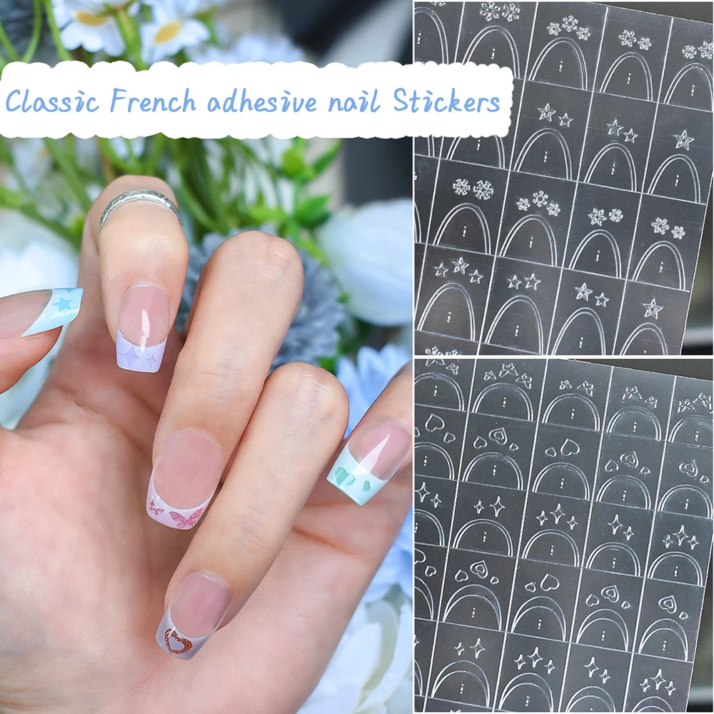 3D Clear Hollow French Nail Sticker C-Curve Lines French Tip Auxiliary Self-Adhesive Nail Decal Nail Art Airbrush Template Decal