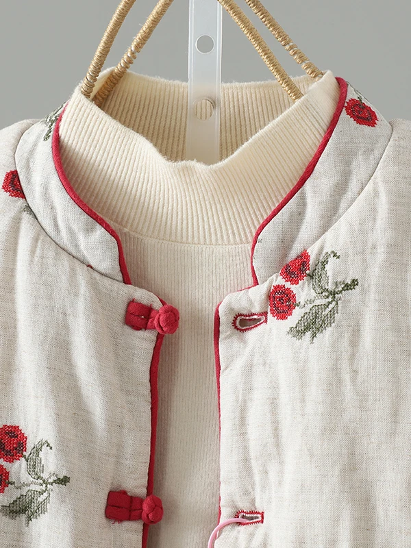 Cappotto in cotone di lino con maniche lunghe da donna Jaet in cotone ricamato su entrambi i lati Cappotto lungo con colletto alla coreana cinese