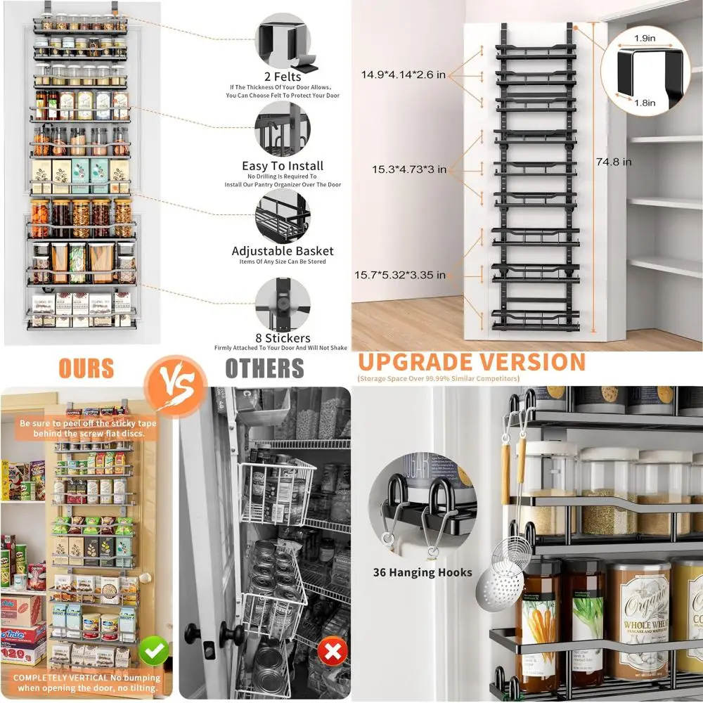 

9-уровневый металлический органайзер для кладовой с регулируемыми корзинами, идеально подходящий для хранения на кухне, белье и ванной комнате черного цвета.