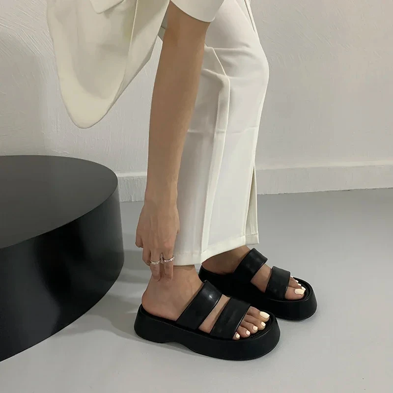 New Woman's Black Casual Gladiator Summer Sandalias Fashion Platform Flats Elegant Open Toe Slippers Comfort Beach Slides