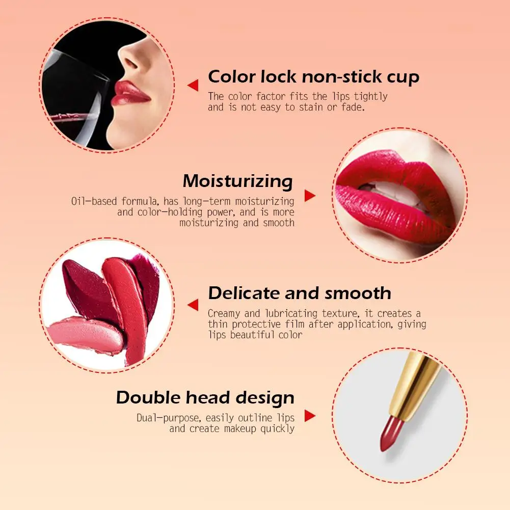 Double-ended Red Lip Liner Matte Sparkly Finish Non-stick Cup Waterproof Beauty Lip Shape Nourish Moisture Lipstick Wemen Cosmet