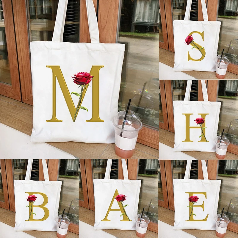 Rose Letter Print Canvas Bag Women 26 Alphabet A-Z Shoulder Bags Letter Series Tote Bag Girls Bacherlette Party Shopping Bag