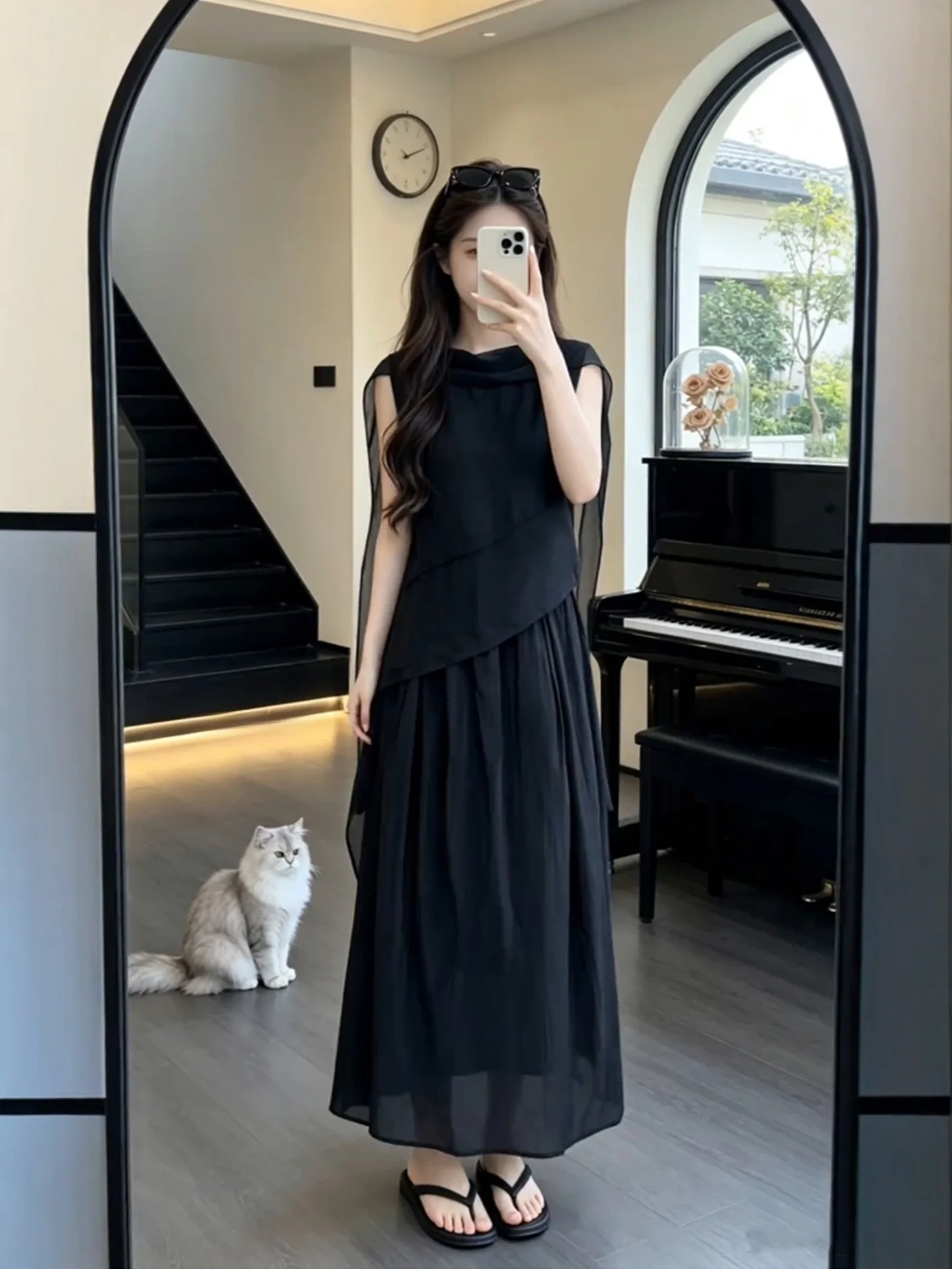 

Summer Loose Style Women's Outfit Set with Sash Sleeveless Top And Half Skirt Black Floating Feel Good plus Size Fashion Set