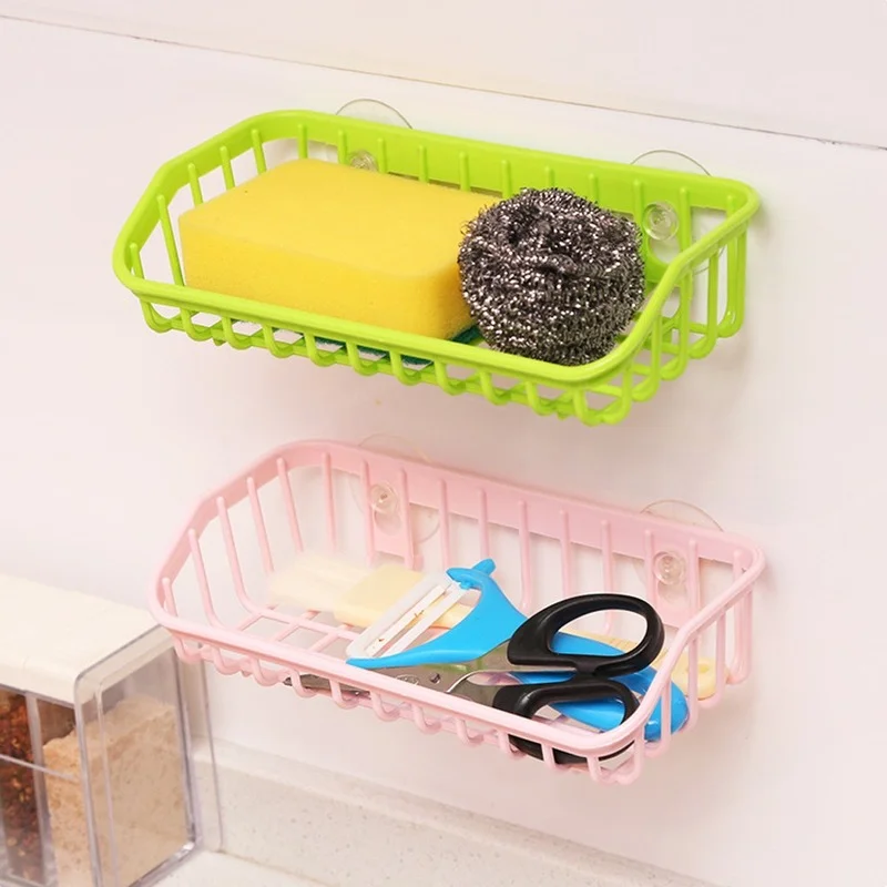 Wash Multifunctional Suction Cup Dishwashing Sponge Holder Wall Hanging Storage Drain Sink Rack Shelf Basket Bathroom Organizer