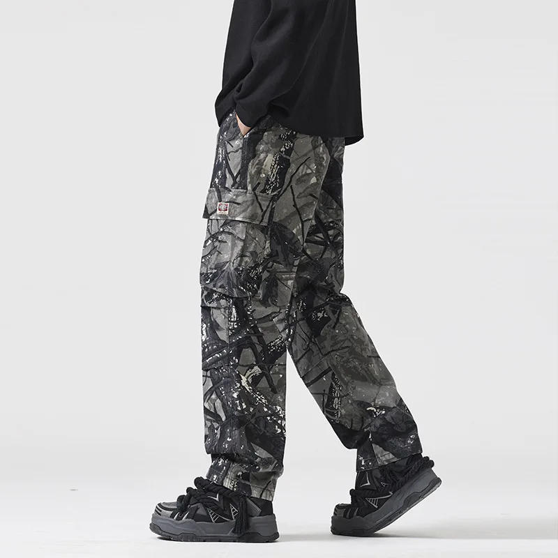 خريف جديد ملابس قطنية مموهة للرجال ماركة أزياء متقدمة تصميم جيب كبير فضفاض مستقيم الساق سراويل تقليدية #2