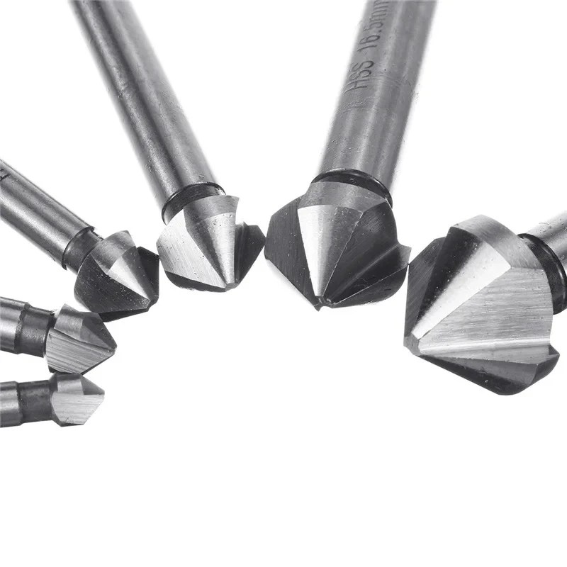6PCS/Set 6.3-20.5mm Chamfering End Mill Cutter 3 Flute Round Shank 90 Degree HSS Countersink Deburring Tapered Drill Bit