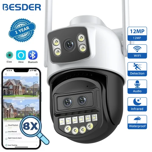BESDER 12MP 6K PTZ Wifi cámara de doble lente 8X Zoom Digital AI detección humana al aire libre 8MP CCTV cámara IP protección de seguridad iCSee