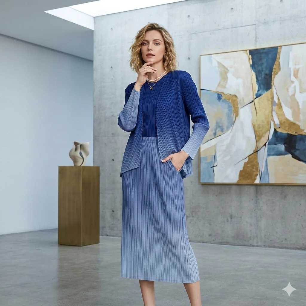 

Комплект из двух предметов Miyake Pleats 2026: Новое поступление, модное платье и кардиган с градиентным эффектом для женского делового гардероба