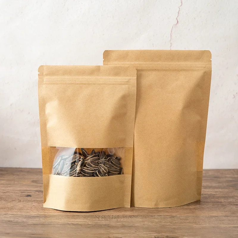 25/50 Stück Verpackungsbeutel mit Reißverschluss, Kraftpapier, mit Sichtfenster, zum Aufstellen, für Geschenke, Trockenfutter, Obst, Tee, selbstverschließende Beutel – Detail 3